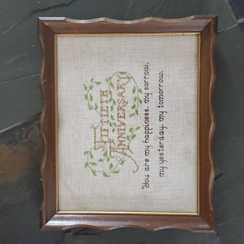 Cross Stitch Fiftieth Anniversary Sentiment in scalloped wood frame